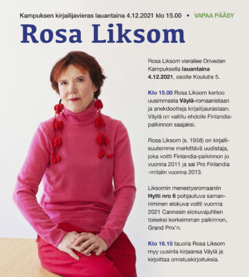 Suuri kirjailija- ja elokuvailta 4.12.2021 Rosa Liksom – Väylä – Hytti nro 6 – James Bond – 007 No Time To Die